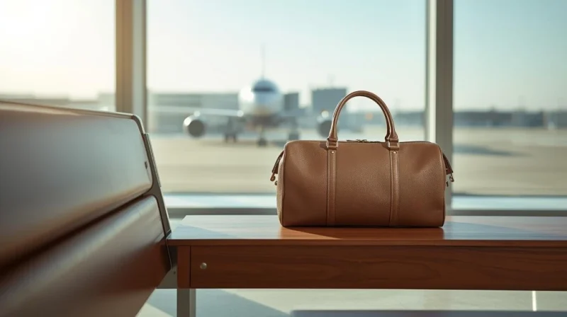 空港ロビーに置かれた旅行用のボストンバッグ